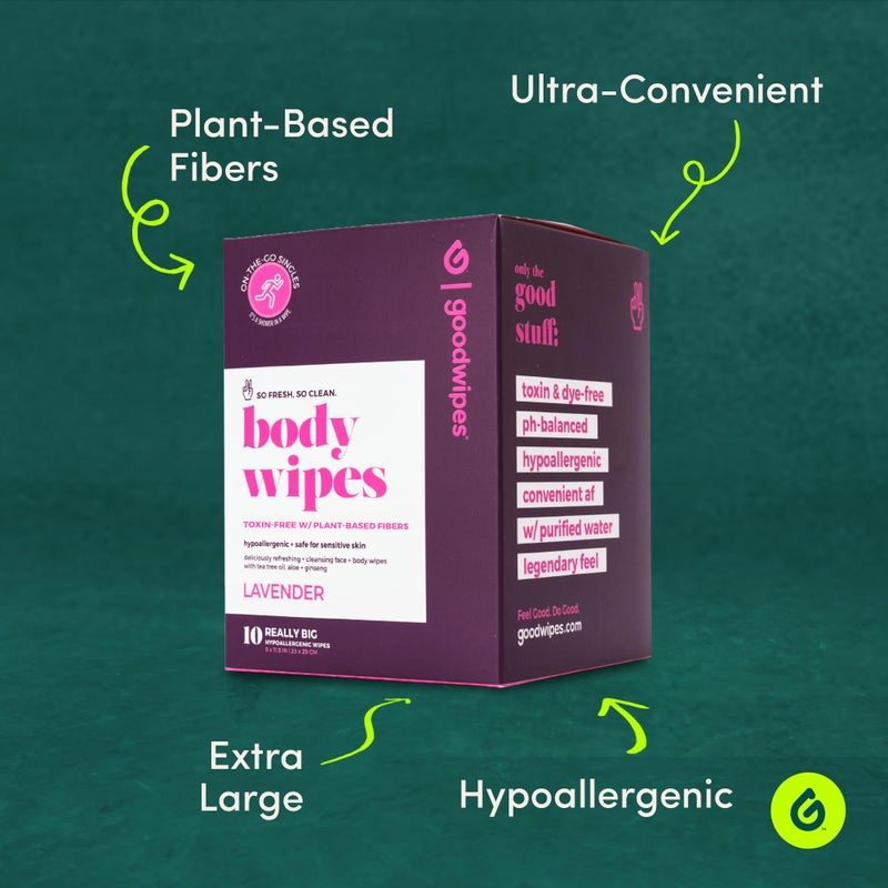 Goodwipes Body Wipes, Really Big for All Over, Made with Aloe, Plant Based and Hypoallergenic, Wipe Away Sweat and Odor, For Face and Body-Lavender, 10 Count - Image 2